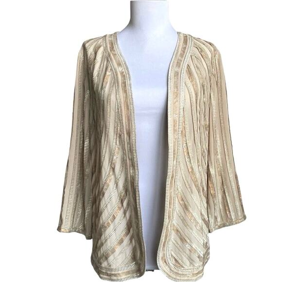 NEW CHICO’S Travelers Gilded Stripe Open Sheer Light Jacket SZ 1 M Tan Metallic - Picture 2 of 12